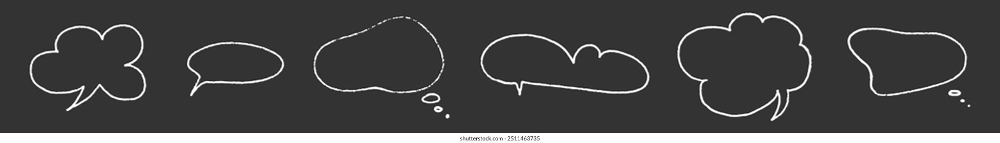 Crayon speech bubble set. Round, cloud and star frame for text. Chalk texture dialog balloon. Crayon bubble for talk and comic design. Vector illustration