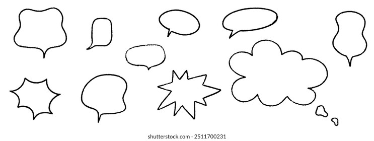 Crayon speech bubble set. Round, cloud and star frame for text. Chalk texture dialog balloon. Crayon bubble for talk and comic design. Vector illustration