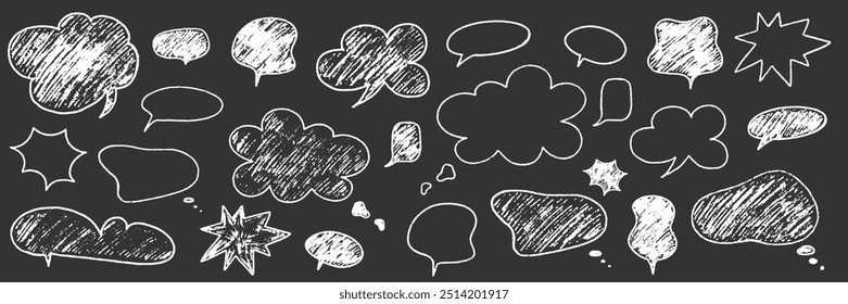 Crayon speech bubble set. Round, cloud and star frame for text. Chalk texture dialog balloon. Crayon bubble for talk and comic design. Vector illustration