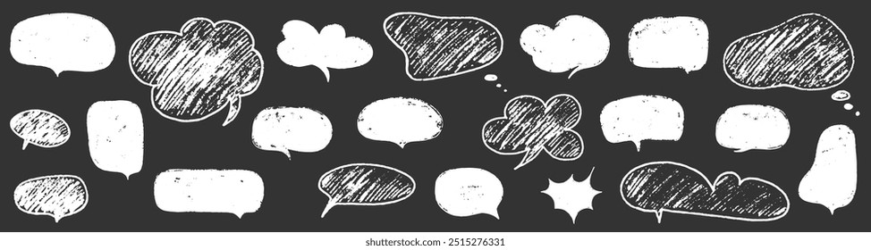 Crayon speech bubble set. Round, cloud and star frame for text. Chalk texture speech dialog balloon. Crayon bubble for talk and comic design. Vector illustration