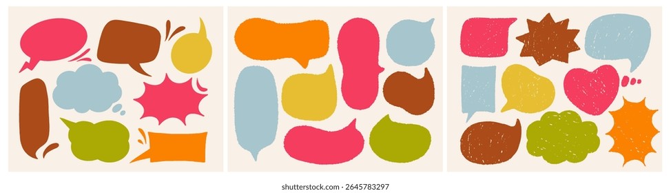 Crayon speech bubble set. Sticker with comical hand drawn geometric shapes with space for text. Clouds for chatting and online communication. Flat vector illustration collection isolated on background