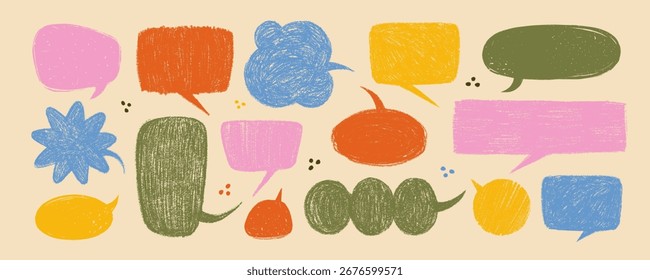 Crayon speech bubble set with textured hand drawn shapes in vintage colors on beige background. Fun and playful design for stickers, wrapping, kids posters, branding.