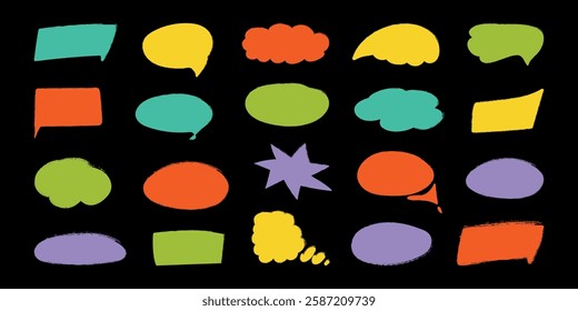 Crayon speech bubble set in trendy doodle style. Chalk shapes of balloons for text, chat, icon, title. Hand drawn child frames with grunge texture. Isolated vector illustration.
