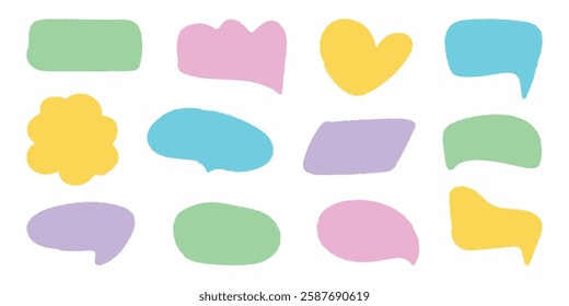 Crayon speech bubble set in trendy doodle style. Color chalk balloons for text, chat, dialog icon. Hand drawn child frames, talk box, cloud. Isolated vector illustration.