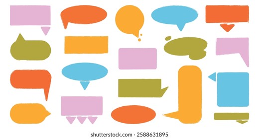 Crayon speech bubble set in trendy doodle style. Color chalk balloons for text, chat, dialog icon. Hand drawn child frames, talk box, cloud. Isolated vector illustration.