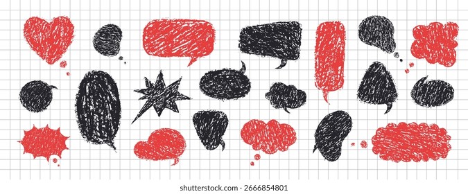 Crayon speech bubble. Vector Set with chalk scribble text. Black and red Retro hand drawn doodle dialogue in sketch style.