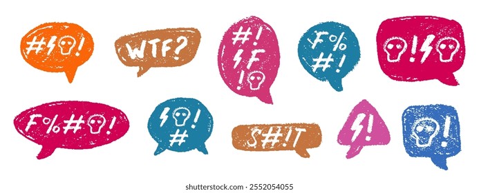 Crayon Speech Bubbles with Abstract Swear Words Vector Set. Chalk Scribble Talking Clouds Collection. Hand Drawn Rude Curse Angry Expressions. Pencil Emphasis Elements Charcoal Doodle Talk Balloons