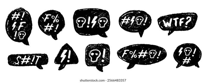 Crayon Speech Bubbles with Abstract Swear Words Vector Set. Chalk Scribble Talking Clouds Collection. Hand Drawn Rude Curse Angry Expressions. Pencil Emphasis Elements Charcoal Doodle Talk Balloons