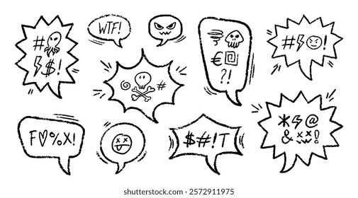 Crayon Speech Bubbles with Abstract Swear Words Vector Set. Chalk Scribble Talking Clouds Collection. Hand Drawn Rude Curse Angry Expressions. Pencil Emphasis Elements Charcoal Doodle Talk Balloons