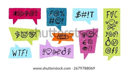 Crayon Speech Bubbles with Abstract Swear Words Vector Set. Chalk Scribble Talking Clouds Collection. Hand Drawn Rude Curse Angry Expressions. Pencil Emphasis Elements Charcoal Doodle Talk Balloons