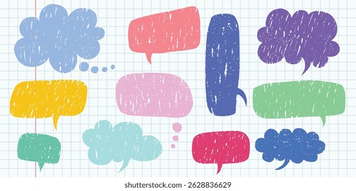 Crayon speech bubbles cloud doodle set. Chalk grunge texture communication text boxes, comic talk balloon in sketch style. Hand drawn colorful vector balloon speak sign dialog communication frame