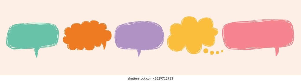 Crayon speech bubbles cloud doodle set. Chalk grunge texture communication text boxes, comic talk balloon in sketch style. Hand drawn colorful vector balloon speak sign dialog communication frame