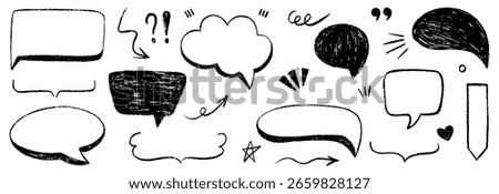 Crayon speech bubbles doodle set. Hand drawn chalk pencil communication frame, comic talk balloon in sketch style. Children pencil dialog balloon doodle text cloud. Vector illustration