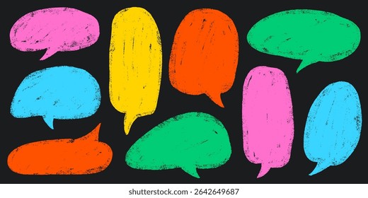 Crayon Speech Bubbles in Pastel Chalk Style. Hand-Drawn Text Frames for Talk or Comic Design. Colorful Childlike Doodle Cloud Bubble Boxes Vector Set on White Background.