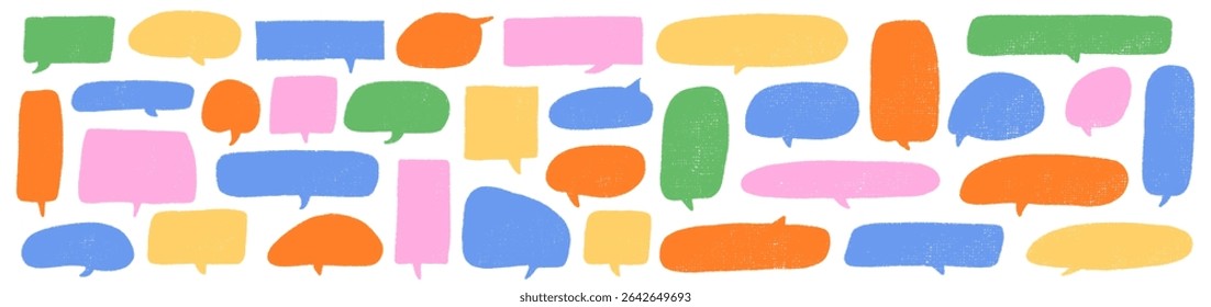 Crayon Speech Bubbles in Pastel Chalk Style. Hand-Drawn Text Frames for Talk or Comic Design. Colorful Childlike Doodle Cloud Bubble Boxes Vector Set on White Background.