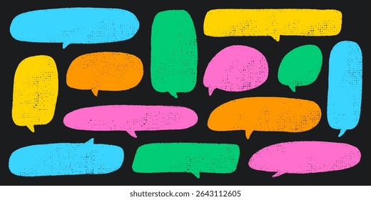 Crayon Speech Bubbles in Pastel Chalk Style. Hand-Drawn Text Frames for Talk or Comic Design. Colorful Childlike Doodle Cloud Bubble Boxes Vector Set on White Background.
