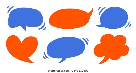 Crayon Speech Bubbles in Pastel Chalk Style. Hand-Drawn Text Frames for Talk or Comic Design. Colorful Childlike Doodle Cloud Bubble Boxes Vector Set on White Background.
