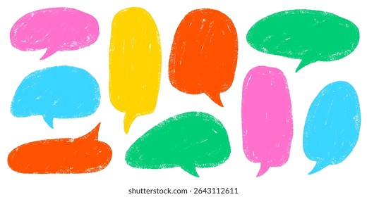 Crayon Speech Bubbles in Pastel Chalk Style. Hand-Drawn Text Frames for Talk or Comic Design. Colorful Childlike Doodle Cloud Bubble Boxes Vector Set on White Background.