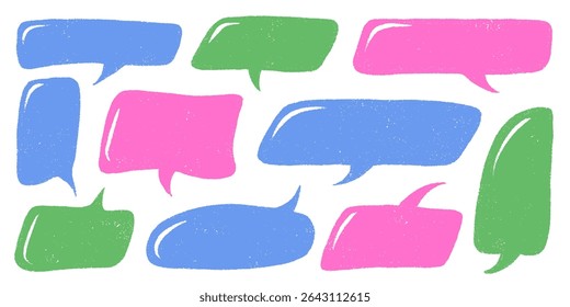 Crayon Speech Bubbles in Pastel Chalk Style. Hand-Drawn Text Frames for Talk or Comic Design. Colorful Childlike Doodle Cloud Bubble Boxes Vector Set on White Background.