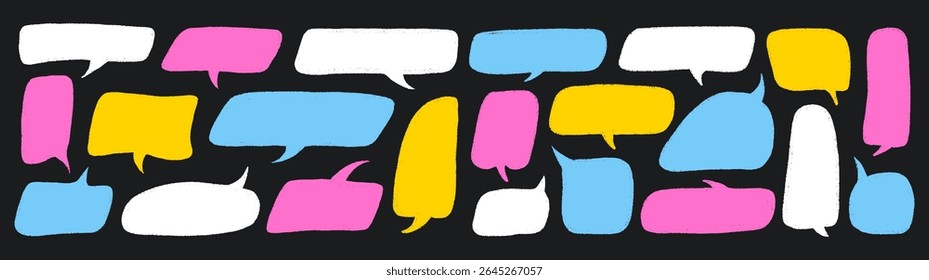 Crayon Speech Bubbles in Pastel Chalk Style. Hand-Drawn Text Frames for Talk or Comic Design. Colorful Childlike Doodle Cloud Bubble Boxes Vector Set on White Background.