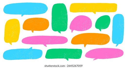 Crayon Speech Bubbles in Pastel Chalk Style. Hand-Drawn Text Frames for Talk or Comic Design. Colorful Childlike Doodle Cloud Bubble Boxes Vector Set on White Background.