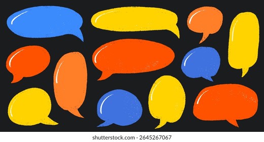 Bolhas de fala de giz de cera em estilo pastel de giz. Quadros de Texto Desenhados à Mão para Conversas ou Design de Quadrinhos. Caixas coloridas de bolha infantil Doodle Cloud Bubble Boxes Vetor definido no fundo branco.