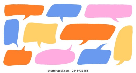 Burbujas de discurso de crayón en estilo de tiza pastel. Marcos de texto dibujados a mano para diseño de conversación o cómic. Colorido infantil Doodle Cloud Bubble Boxes Vector Set sobre fondo blanco.