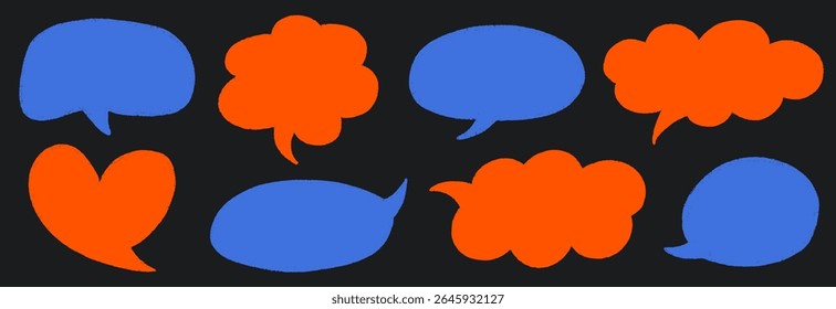 Crayon Speech Bubbles in Pastel Chalk Style. Hand-Drawn Text Frames for Talk or Comic Design. Colorful Childlike Doodle Cloud Bubble Boxes Vector Set on White Background.