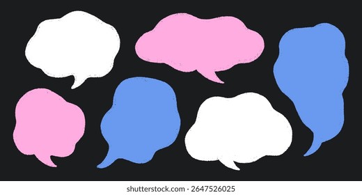 Crayon Speech Bubbles in Pastel Chalk Style. Hand-Drawn Text Frames for Talk or Comic Design. Colorful Childlike Doodle Cloud Bubble Boxes Vector Set on White Background.