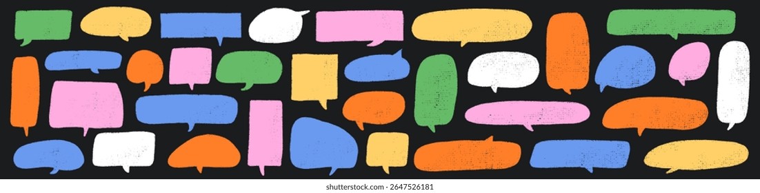 Bolhas de fala de giz de cera em estilo pastel de giz. Quadros de Texto Desenhados à Mão para Conversas ou Design de Quadrinhos. Caixas coloridas de bolha infantil Doodle Cloud Bubble Boxes Vetor definido no fundo branco.
