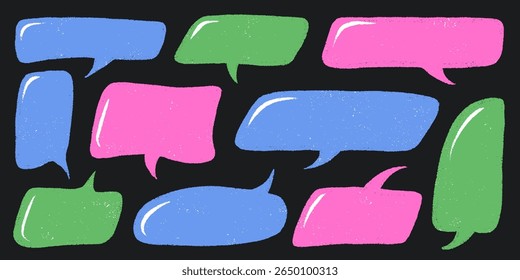 Crayon Speech Bubbles in Pastel Chalk Style. Hand-Drawn Text Frames for Talk or Comic Design. Colorful Childlike Doodle Cloud Bubble Boxes Vector Set on White Background.