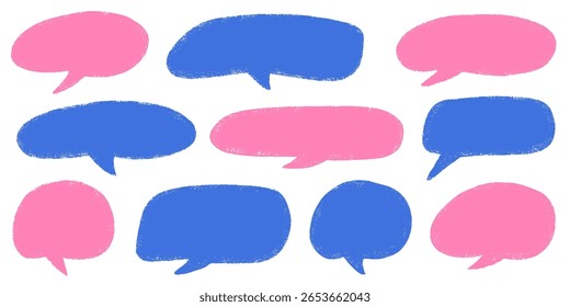 Bolhas de fala de giz de cera em estilo pastel de giz. Quadros de Texto Desenhados à Mão para Conversas ou Design de Quadrinhos. Caixas coloridas de bolha infantil Doodle Cloud Bubble Boxes Vetor definido no fundo branco.