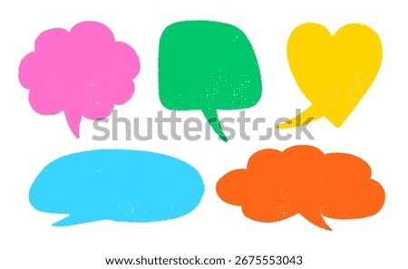 Crayon Speech Bubbles in Pastel Chalk Style. Hand-Drawn Text Frames for Talk or Comic Design. Colorful Childlike Doodle Cloud Bubble Boxes Vector Set on White Background.