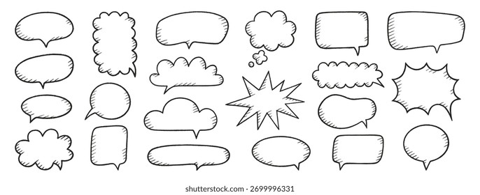 Crayon speech bubbles set. Chat talk boxes. Line art chalk hand drawn frames. Kid doodle dialogue balloon clouds. Pencil drawing, black thought elements on white background. Vector illustration