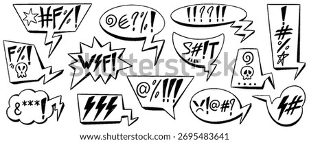 Crayon speech bubbles with swear words. Bad bulling expression on chat dialog boxes. Hand drawn chalk pencil communication frames with curses, skull icon, censored with symbols in grunge doodle style