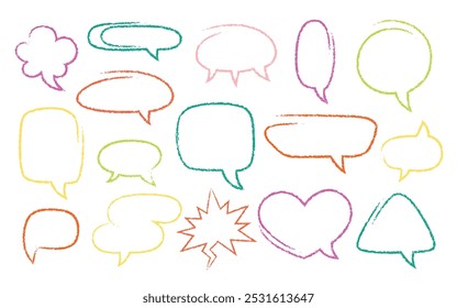 Crayon Speech Bubbles Vector Set. Chalk Scribble Talking Clouds Shapes Collection. Colorful Hand Drawn Brush Texture Dialogue Frames. Pencil Emphasis Elements Charcoal Doodle Talk Balloons Bundle