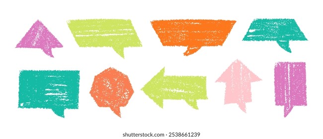 Crayon Speech Bubbles Vector Set. Chalk Scribble Talking Clouds Shapes Collection. Colorful Hand Drawn Brush Texture Dialogue Frames. Pencil Emphasis Elements Charcoal Doodle Talk Balloons Bundle