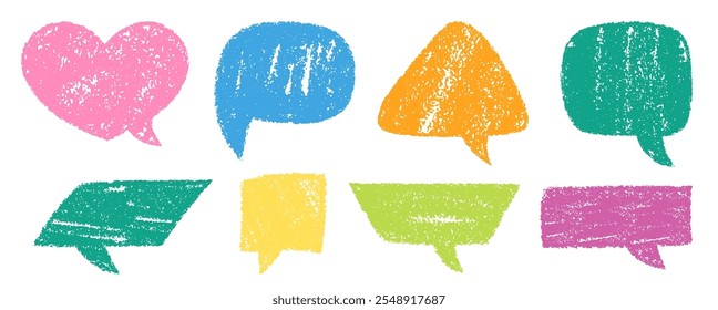 Crayon Speech Bubbles Vector Set. Chalk Scribble Talking Clouds Shapes Collection. Colorful Hand Drawn Brush Texture Dialogue Frames. Pencil Emphasis Elements Charcoal Doodle Talk Balloons Bundle