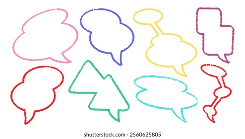 Crayon Speech Bubbles Vector Set. Chalk Scribble Talking Clouds Shapes Collection. Colorful Hand Drawn Brush Texture Dialogue Frames. Pencil Emphasis Elements Charcoal Doodle Talk Balloons Bundle