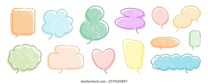 Crayon Speech Bubbles Vector Set. Chalk Scribble Talking Clouds Shapes Collection. Pastel Colors Hand Drawn Brush Texture Dialogue Frames. Pencil Emphasis Elements Charcoal Doodle Talk Balloons Bundle