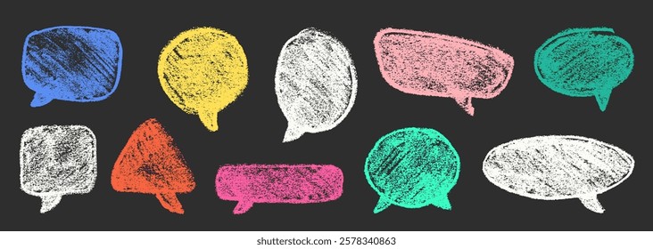 Crayon Speech Bubbles Vector Set. Chalk Scribble Talking Clouds Shapes Collection. Blackboard Hand Drawn Brush Texture Dialogue Frames. Pencil Emphasis Elements Charcoal Doodle Talk Balloons Bundle