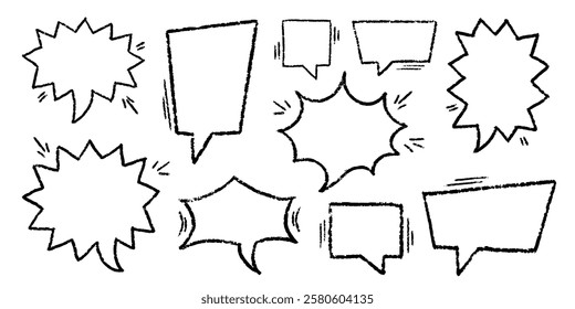Crayon Speech Bubbles Vector Set. Chalk Scribble Talking Clouds Shapes Collection. Black Hand Drawn Brush Texture Dialogue Frames. Pencil Emphasis Elements Charcoal Doodle Talk Balloons Bundle