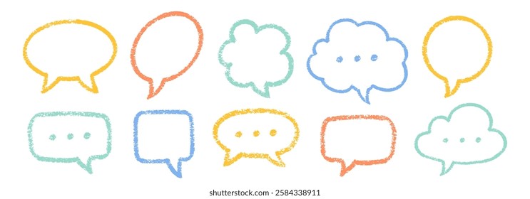 Crayon Speech Bubbles Vector Set. Chalk Scribble Talking Clouds Shapes Collection. Black Hand Drawn Brush Texture Dialogue Frames. Pencil Emphasis Elements Charcoal Doodle Talk Balloons Bundle