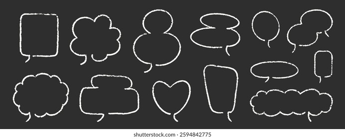 Crayon Speech Bubbles Vector Set. Chalk Scribble Talking Clouds Shapes Collection. Black Hand Drawn Brush Texture Dialogue Frames. Pencil Emphasis Elements Charcoal Doodle Talk Balloons Bundle