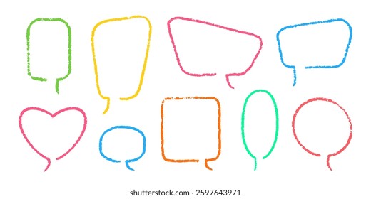 Crayon Speech Bubbles Vector Set. Chalk Scribble Talking Clouds Shapes Collection. Pastel Colors Hand Drawn Brush Texture Dialogue Frames. Pencil Emphasis Elements Charcoal Doodle Talk Balloons Bundle