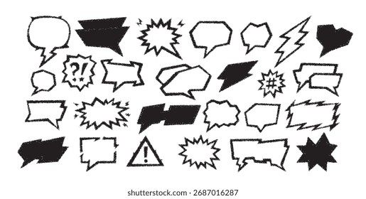 Crayon speech frame bubble set with text box in chalk style. Crayon speech chalkboard bg shows hand drawn dialog balloon, doodle chat cloud and japan handwriting cartoon line vector illustration.