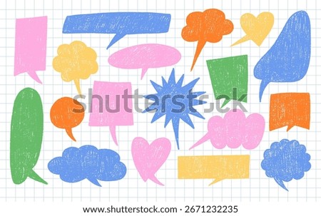 Crayon speech frame set with pastel chalk texture. Hand drawn cloud and balloon shapes make playful doodle text boxes for comic chat, school art and creative illustration.