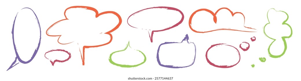 Crayon speech frames set isolated on white background. Vector cartoon illustration of color text clouds, hand drawn doodle borders for message, thought, idea or question, dialogue text boxes, line art