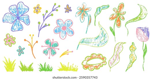 Crayon spring flower kid draw. Charcoal flower floral element. Crayon spring child painting. Vector illustration