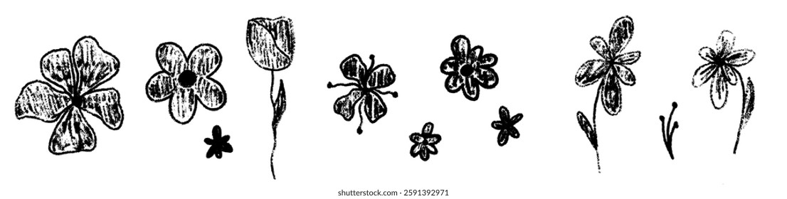 Crayon spring flower kid draw. Charcoal flower floral element. Crayon spring child painting. Vector illustration
